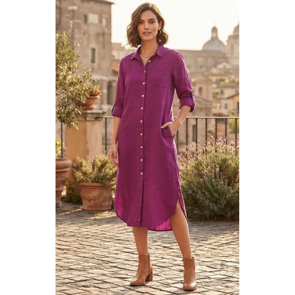 4our Dreamers Womens Magenta Linen Blend Long Button Down Shirt Dress Large